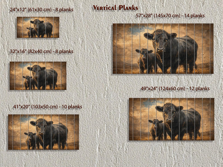 Black Angus cow and calf wood wall art in five sizes with vertical planks for farmhouse decor.