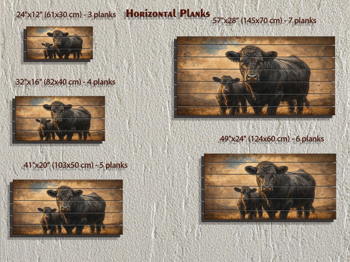 Black Angus cow and calf wood wall art in five horizontal plank sizes for farmhouse decor.