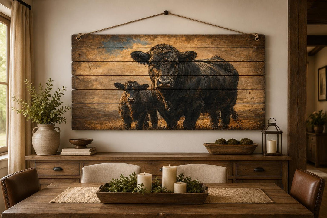 Black Angus cow and calf wood wall art hanging above a sideboard in a farmhouse dining room.