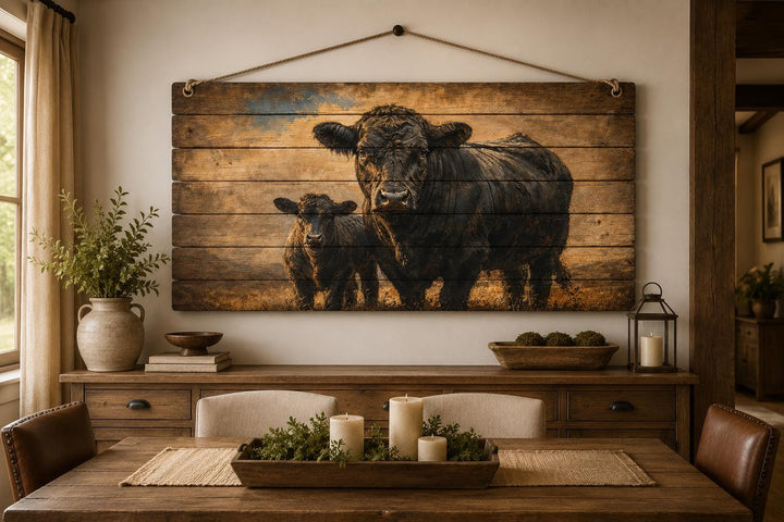 Black Angus cow and calf wood wall art hanging above a sideboard in a farmhouse dining room.