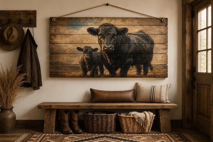 Black Angus cow and calf wood wall art hanging in a rustic farmhouse entryway above a wooden bench.