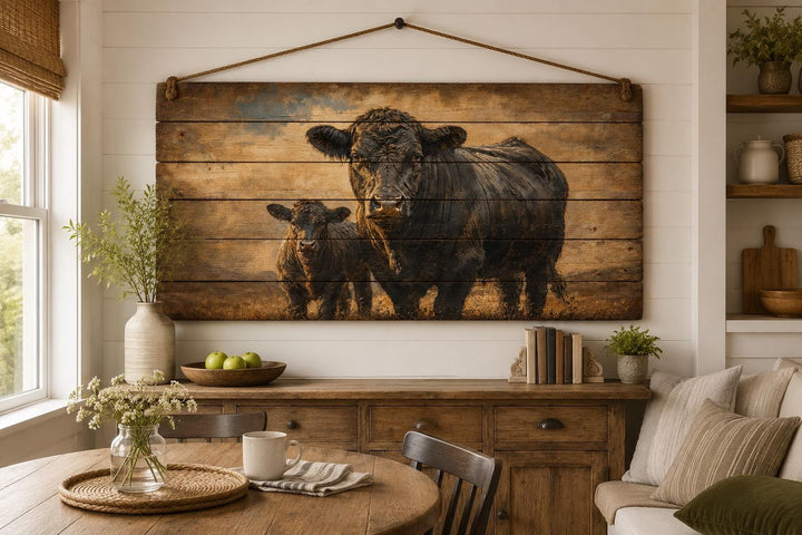 Black Angus cow and calf wood wall art hanging above a console table in a farmhouse living room.