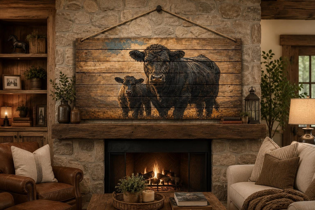 Black Angus cow and calf wood wall art hanging above a rustic stone fireplace in a farmhouse room.