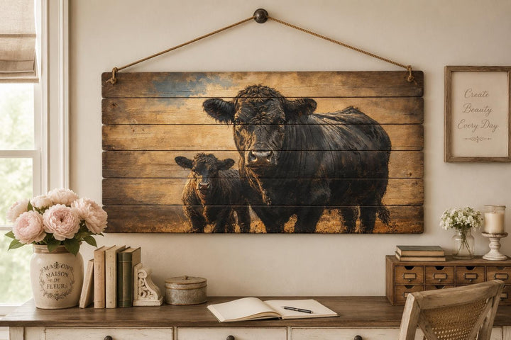 Black Angus cow and calf wood wall art hanging above a desk in a farmhouse-style room.