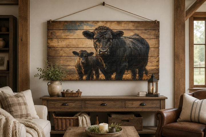 Black Angus cow and calf wood wall art hanging above a console table in a farmhouse living room.