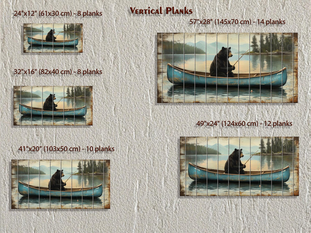 Rustic wood wall art featuring a black bear fishing in a blue canoe, shown in five size options.