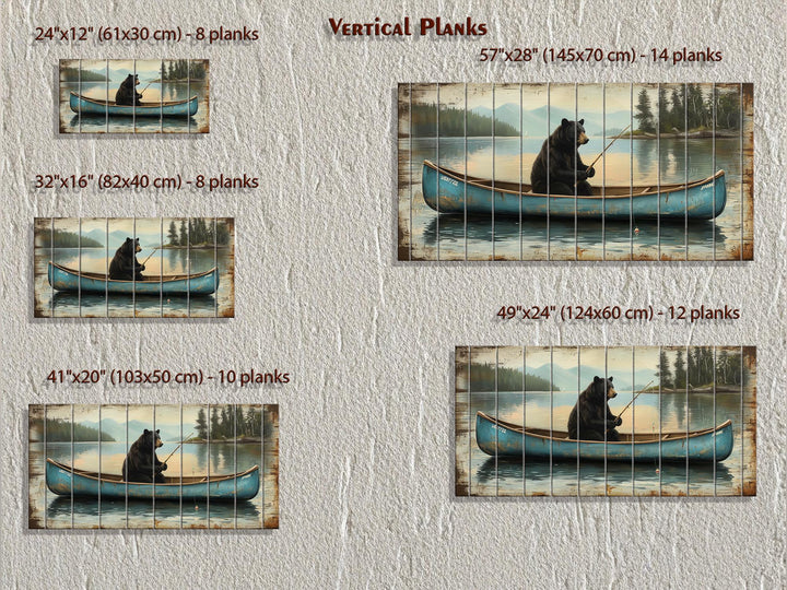 Rustic wood wall art featuring a black bear fishing in a blue canoe, shown in five size options.