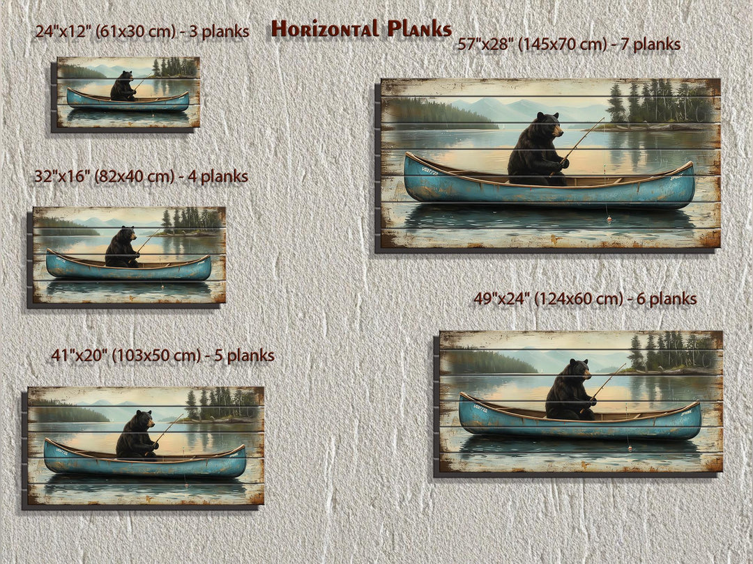 Five sizes of distressed wood wall art featuring a black bear fishing from a blue canoe.