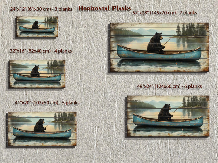 Five sizes of distressed wood wall art featuring a black bear fishing from a blue canoe.