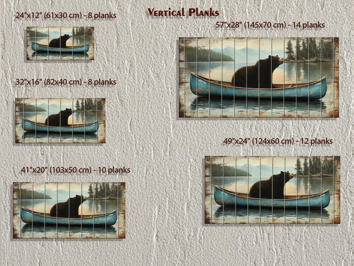 Black Bear In Blue Canoe Distressed Wood Wall Art
