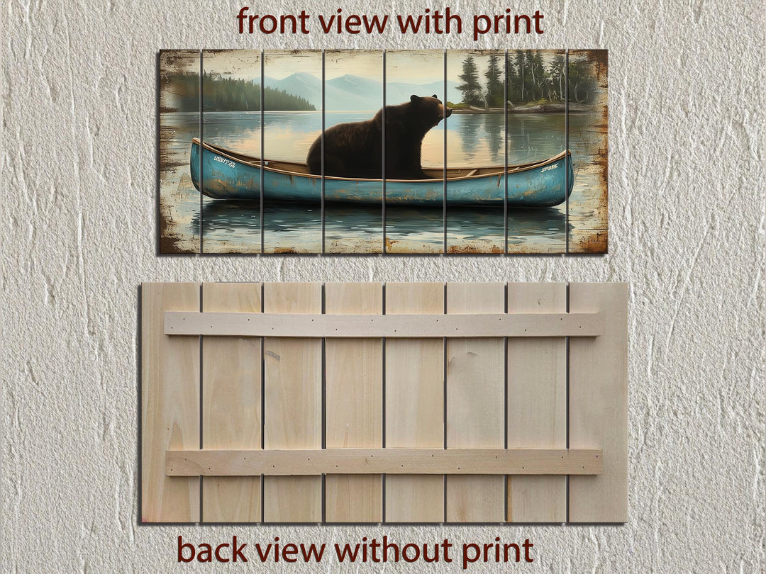 Black Bear In Blue Canoe Distressed Wood Wall Art