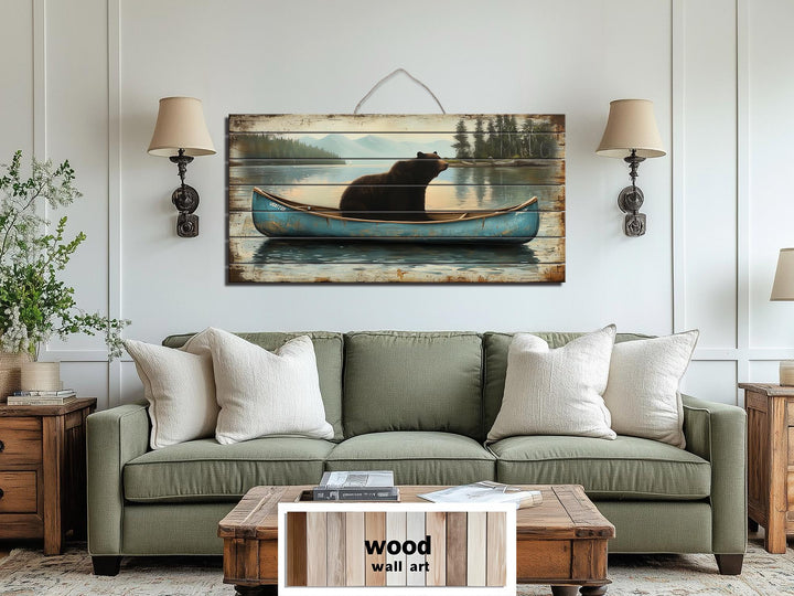Black Bear In Blue Canoe Distressed Wood Wall Art