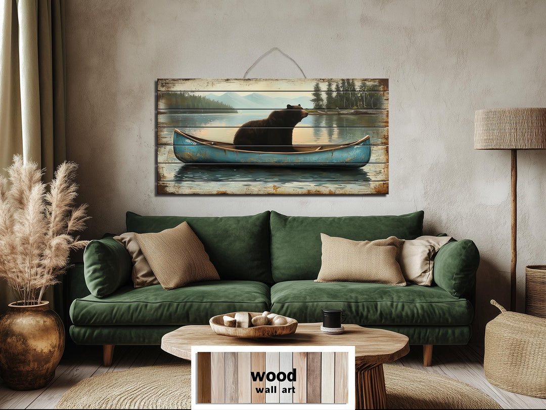 Black Bear In Blue Canoe Distressed Wood Wall Art