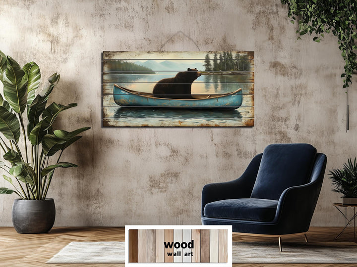 Black Bear In Blue Canoe Distressed Wood Wall Art