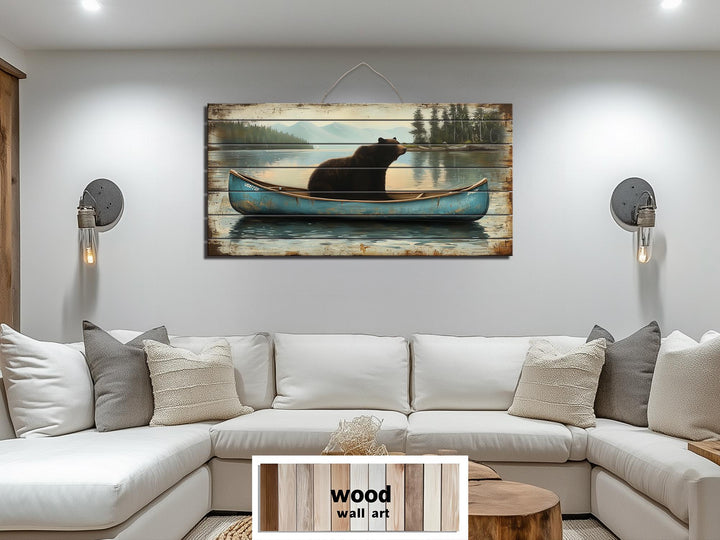 Black Bear In Blue Canoe Distressed Wood Wall Art