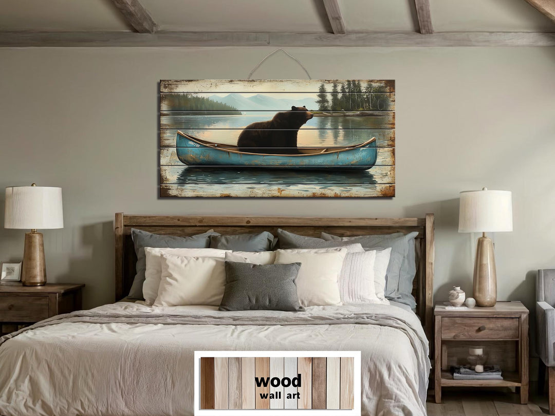 Black Bear In Blue Canoe Distressed Wood Wall Art