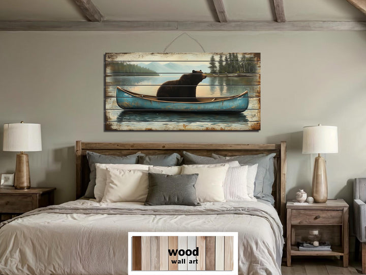 Black Bear In Blue Canoe Distressed Wood Wall Art