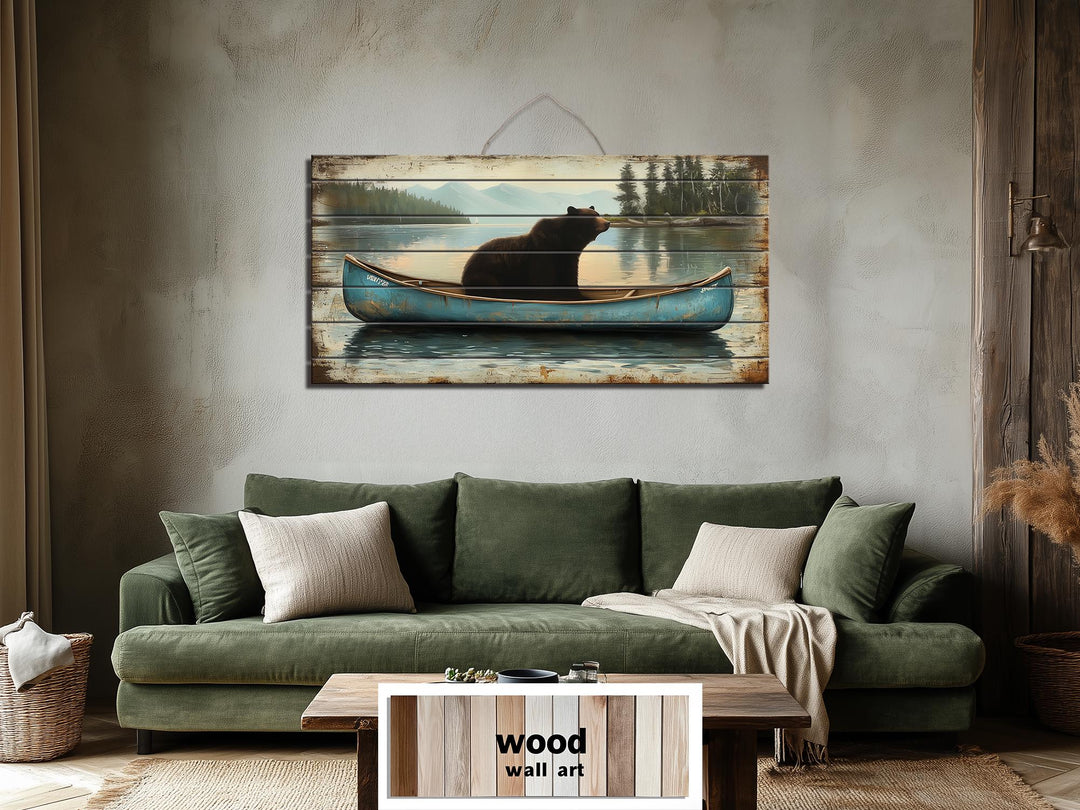 Black Bear In Blue Canoe Distressed Wood Wall Art