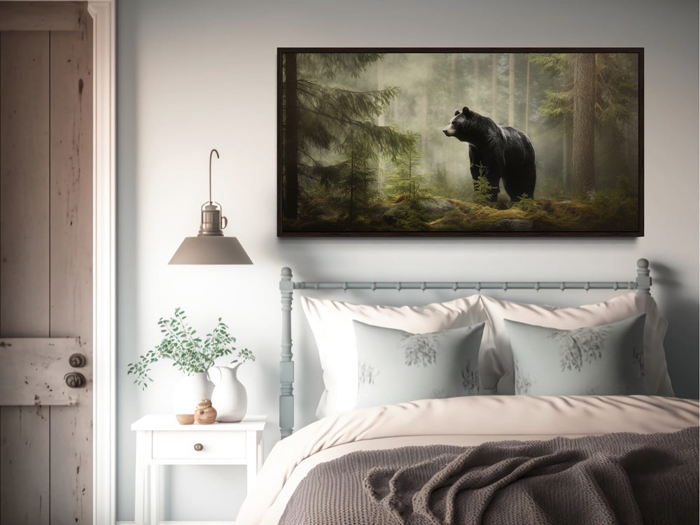 Rustic Cabin Wall Decor - Black Bear In Pine Tree Forest Framed Canvas Wall Art