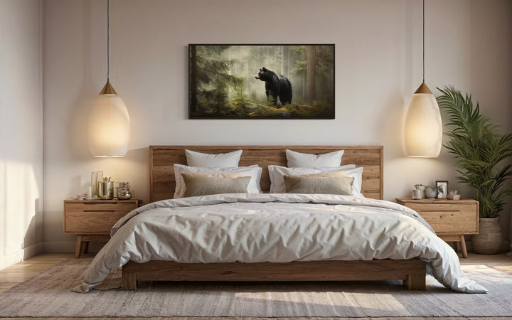 Rustic Cabin Wall Decor - Black Bear In Pine Tree Forest Framed Canvas Wall Art