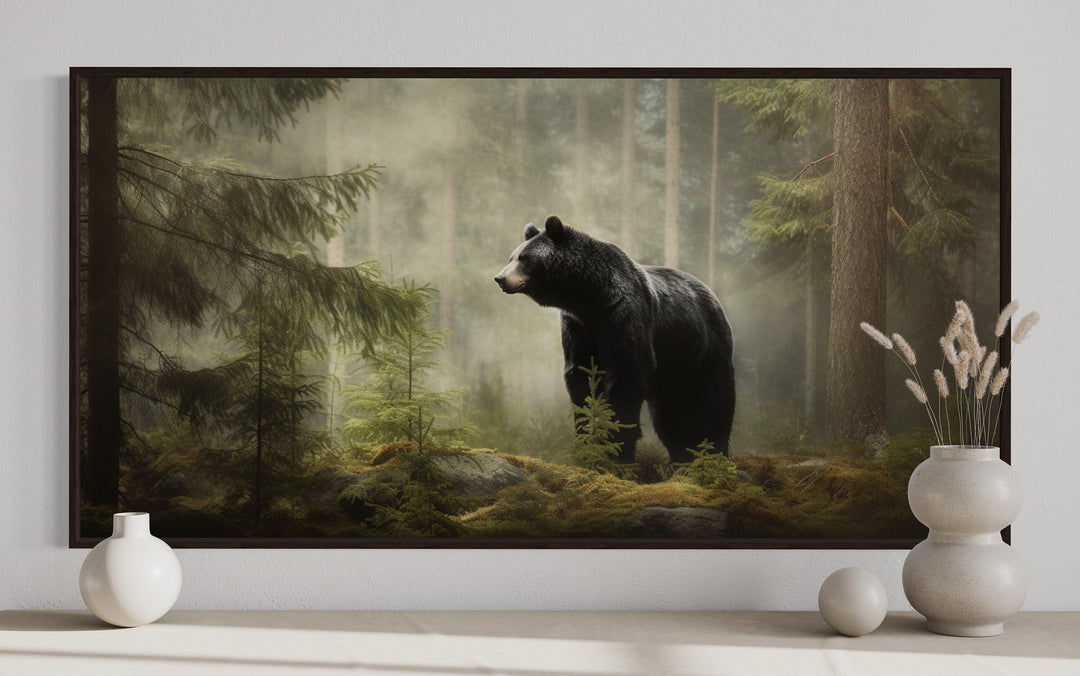 Black Bear In Pine Tree Forest Framed Canvas Wall Art