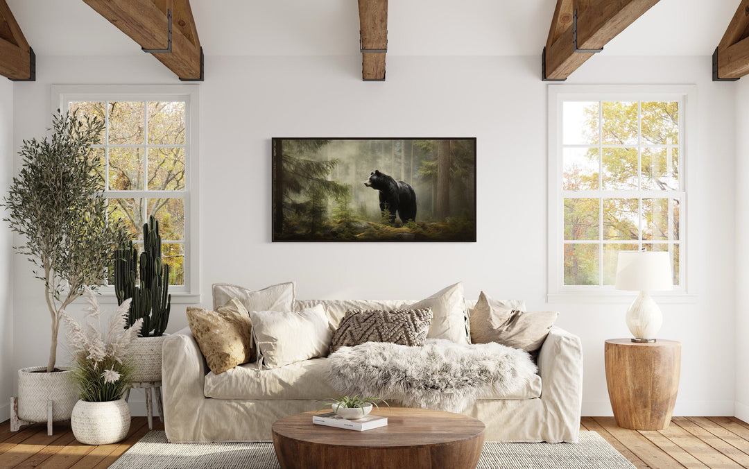 Black Bear In Pine Tree Forest Framed Canvas Wall Art