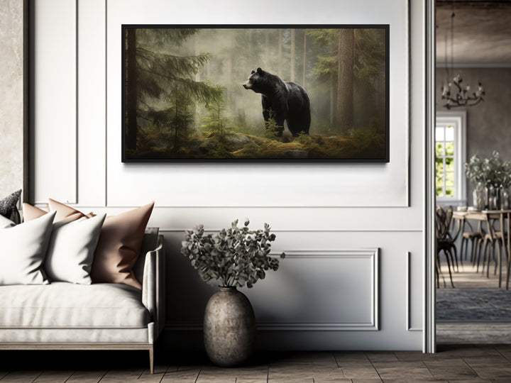 Rustic Cabin Wall Decor - Black Bear In Pine Tree Forest Framed Canvas Wall Art