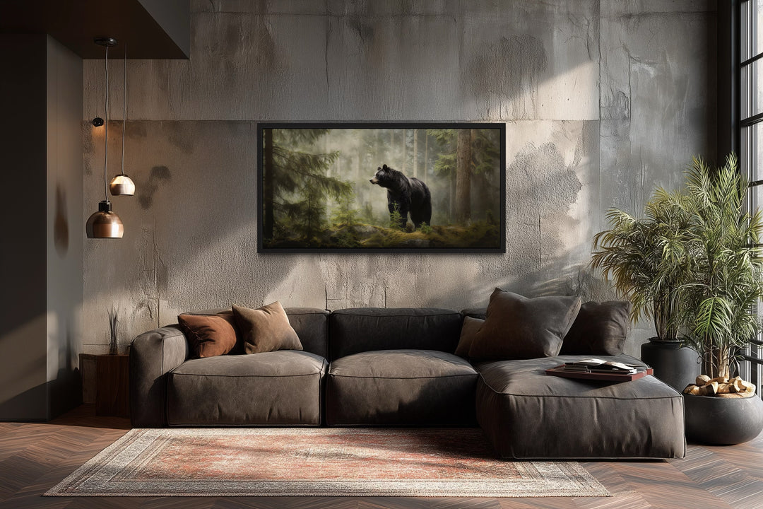 Black Bear In Pine Tree Forest Framed Canvas Wall Art