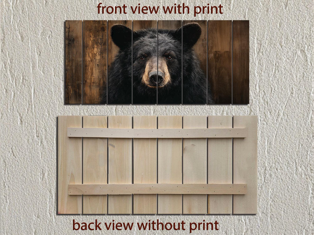 Rustic black bear portrait printed on horizontal wooden planks, shown from front and back.