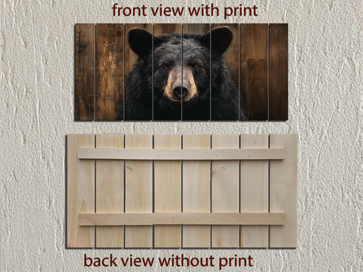 Rustic black bear portrait printed on horizontal wooden planks, shown from front and back.