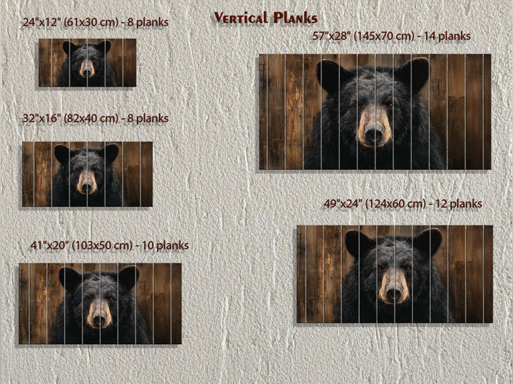 A horizontal black bear portrait printed on vertical wood planks in five different size options.