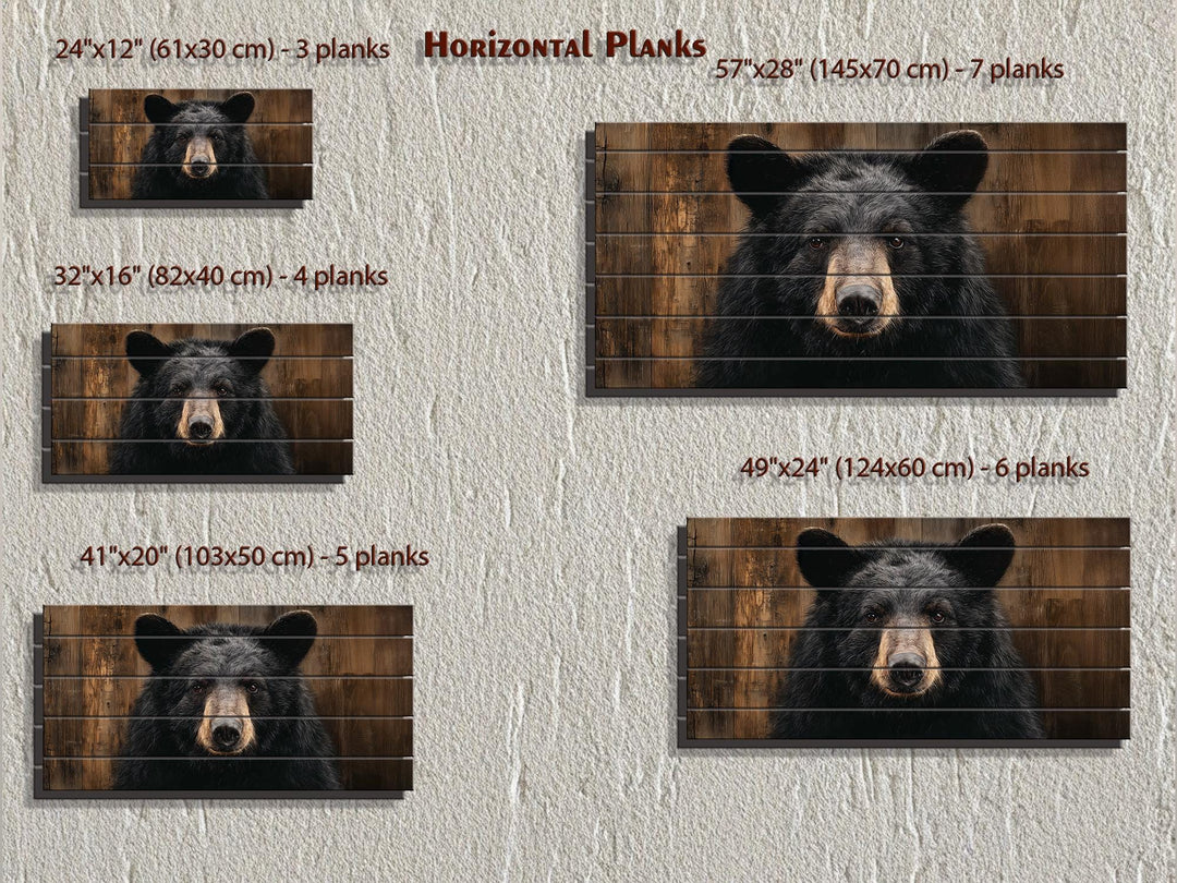Rustic black bear portrait wall art on horizontal wood planks, shown in five available sizes.