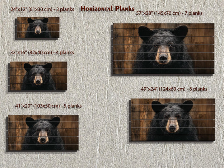 Rustic black bear portrait wall art on horizontal wood planks, shown in five available sizes.
