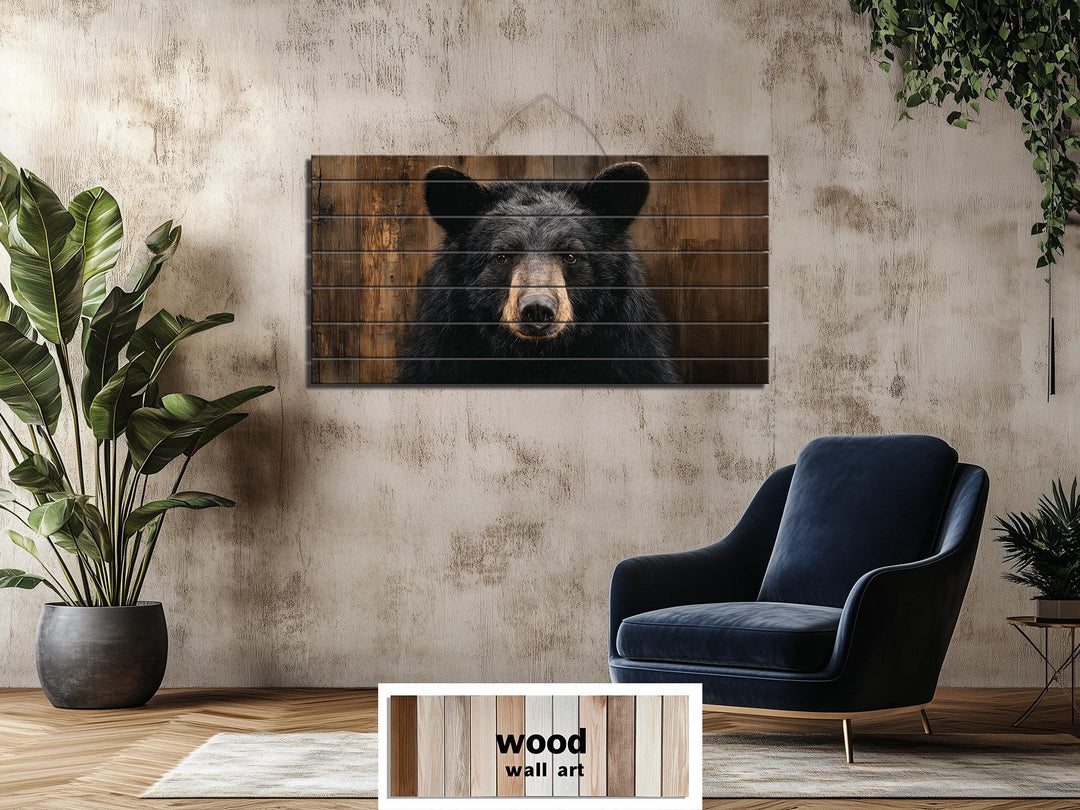 Large horizontal wood wall art featuring a rustic black bear portrait on dark timber planks.