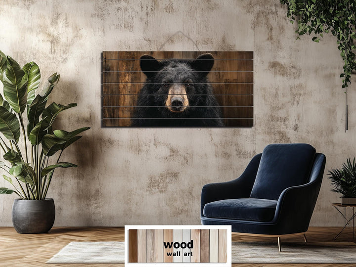 Large horizontal wood wall art featuring a rustic black bear portrait on dark timber planks.