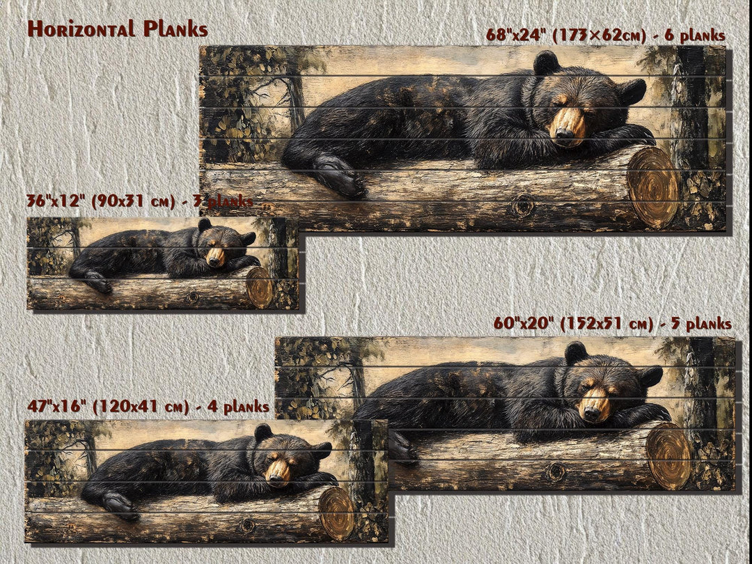 Rustic wood wall art featuring a black bear sleeping on a log, available in four horizontal sizes.
