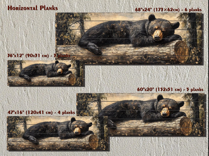 Rustic wood wall art featuring a black bear sleeping on a log, available in four horizontal sizes.