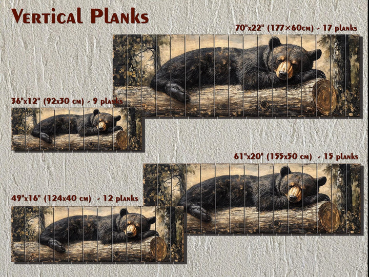 Rustic wood wall art featuring a sleeping black bear on a log, available in four sizes.