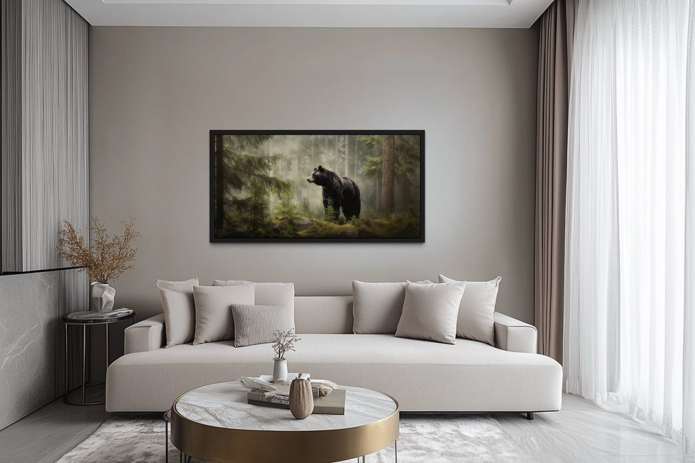 Black Bear Wall Art – Framed Pine Tree Canvas | Rustic Cabin Decor Print