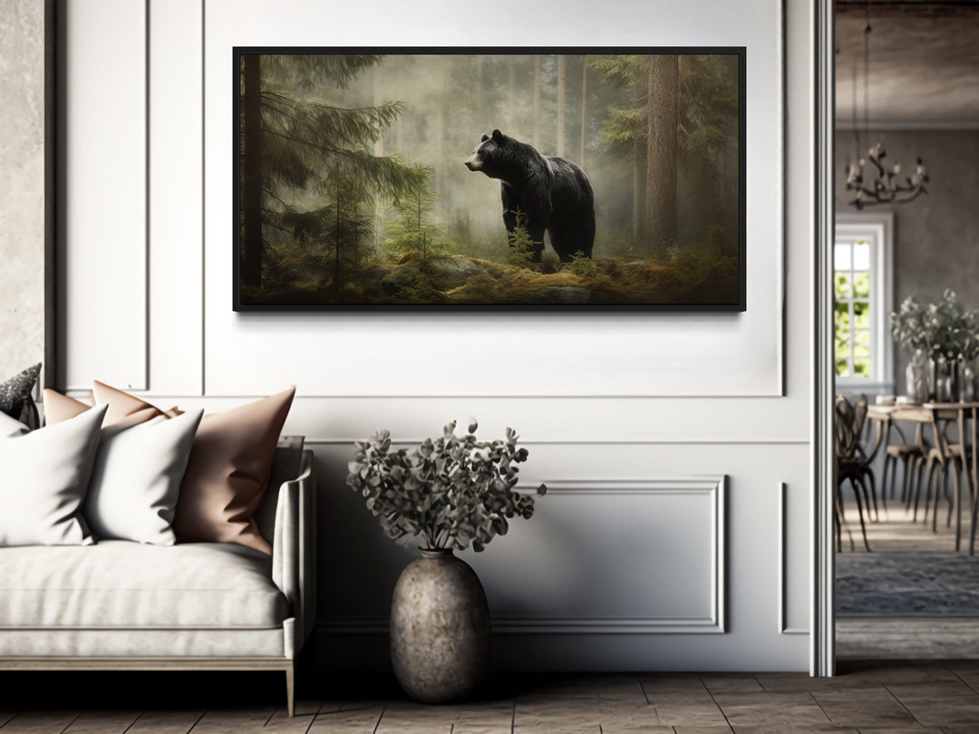 Black Bear Wall Art – Framed Pine Tree Canvas | Rustic Cabin Decor Print