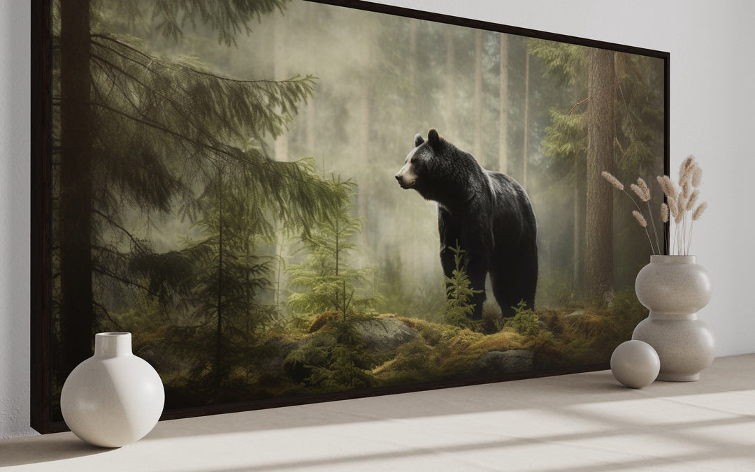 Black Bear Wall Art – Framed Pine Tree Canvas | Rustic Cabin Decor Print