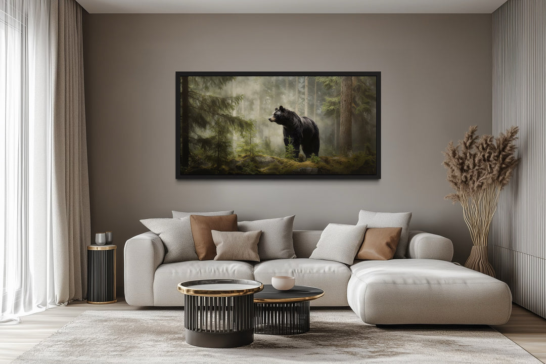 Black Bear Wall Art – Framed Pine Tree Canvas | Rustic Cabin Decor Print