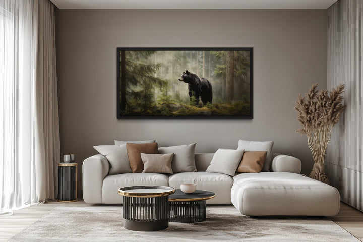 Black Bear Wall Art – Framed Pine Tree Canvas | Rustic Cabin Decor Print