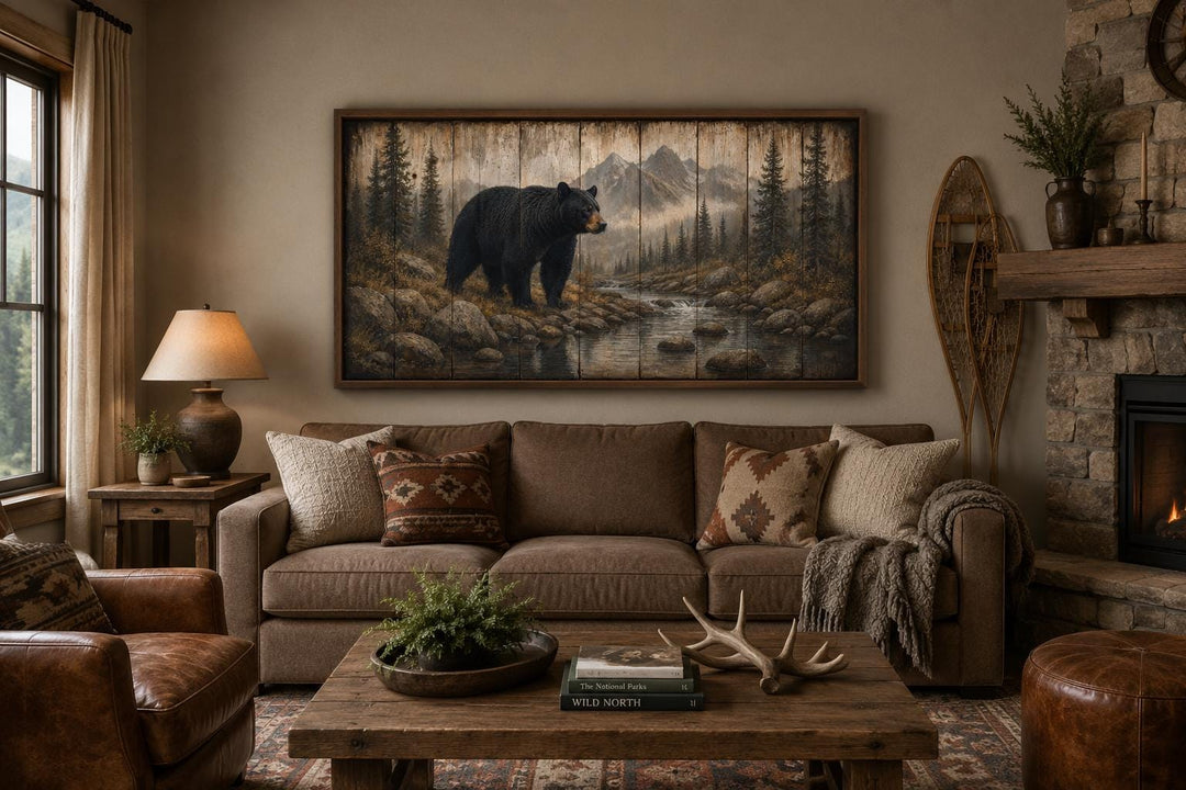 Black bear wall art canvas print in a rustic cabin living room above a brown sofa.