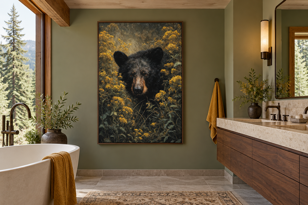 Vertical framed canvas wall art of a black bear in yellow wildflowers in a rustic bathroom.