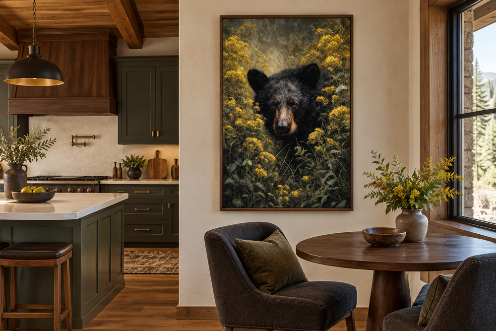 Black bear in yellow wildflowers framed canvas wall art in a rustic kitchen and dining area.