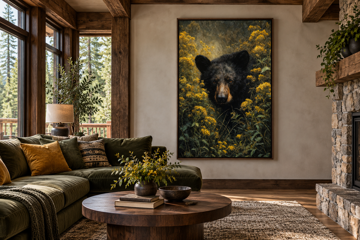 Black bear in yellow wildflowers framed canvas wall art in a rustic cabin living room.