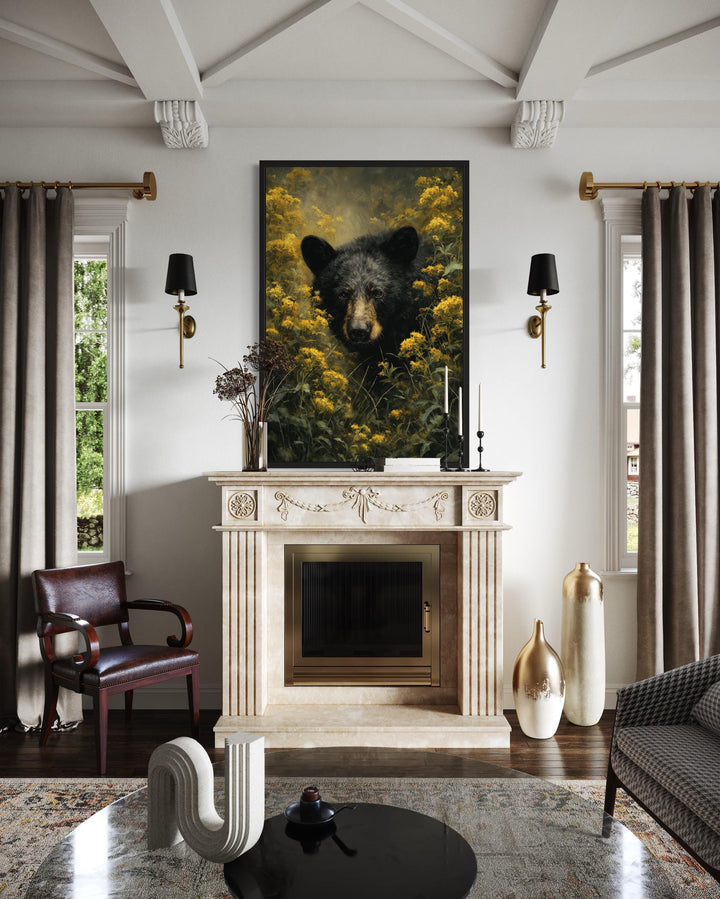 Black Bear in Yellow Wildflowers Canvas Wall Art