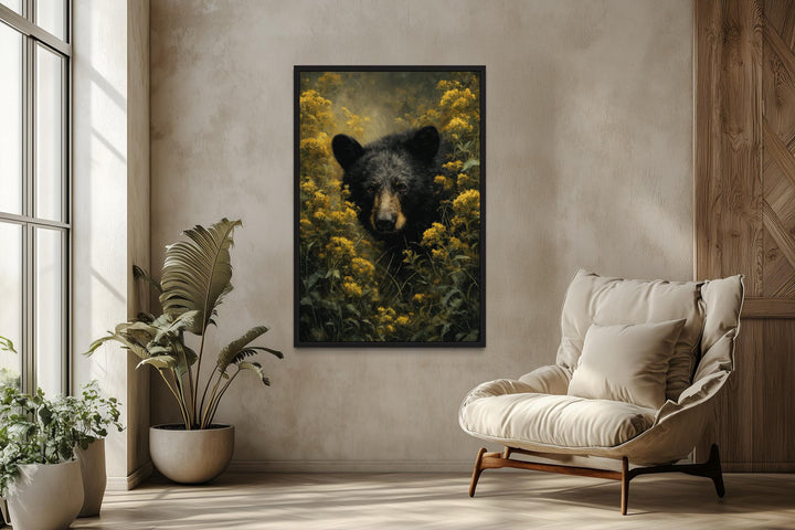 Black Bear in Yellow Wildflowers Canvas Wall Art