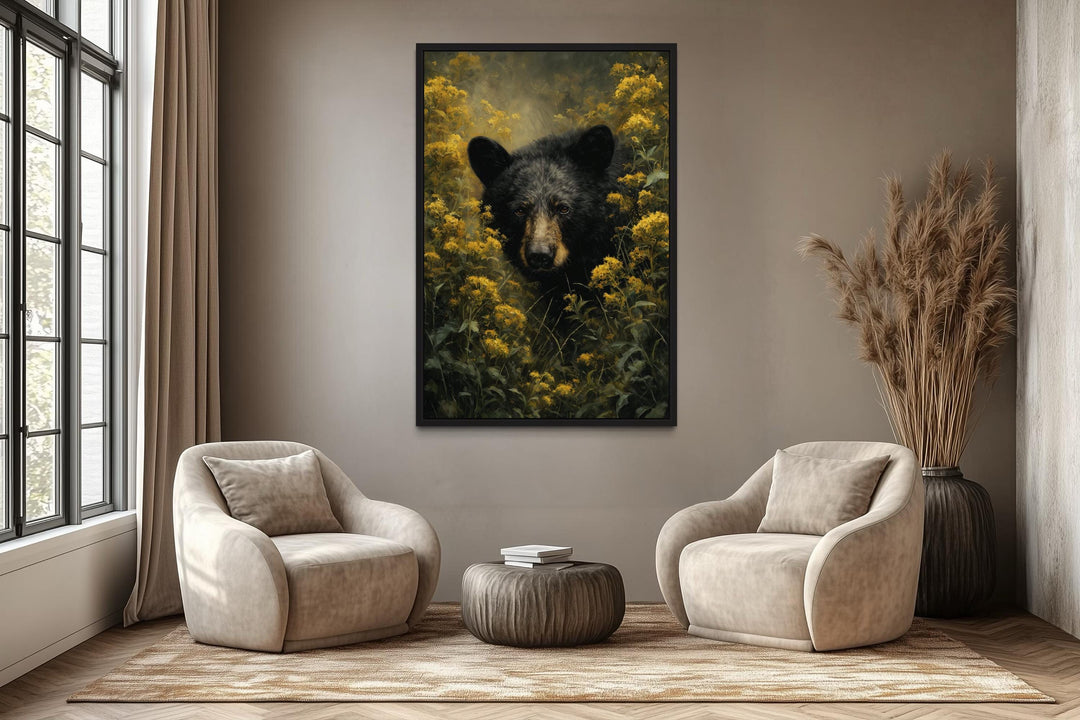 Black Bear in Yellow Wildflowers Canvas Wall Art